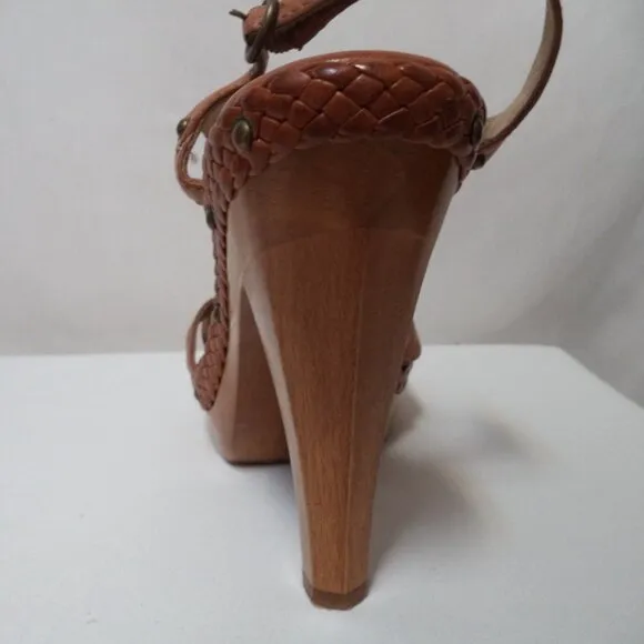 FRYE Dara Leather wooden heels sandals brown platform Embroidered Size Sz 10