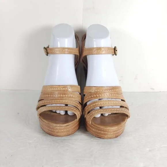 Frye Women’s Corrina Stitch US 9,5M Tan Leather Platform Wedge Sandals shoes