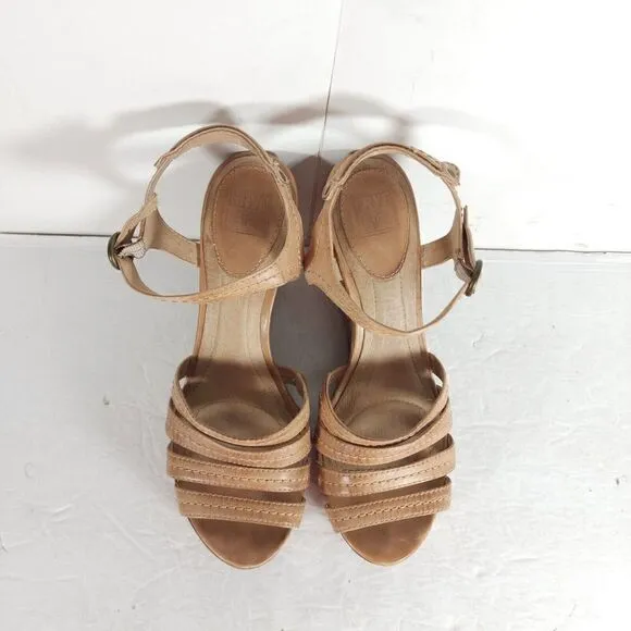Frye Women’s Corrina Stitch US 9,5M Tan Leather Platform Wedge Sandals shoes