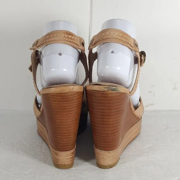 Frye Women’s Corrina Stitch US 9,5M Tan Leather Platform Wedge Sandals shoes