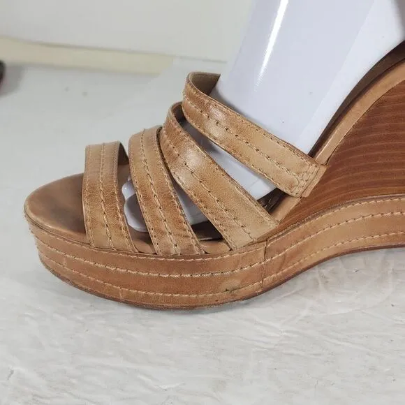 Frye Women’s Corrina Stitch US 9,5M Tan Leather Platform Wedge Sandals shoes