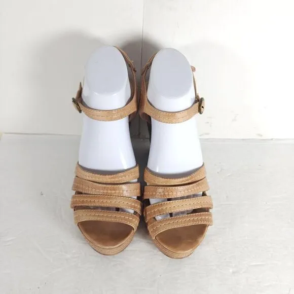 Frye Women’s Corrina Stitch US 9,5M Tan Leather Platform Wedge Sandals shoes