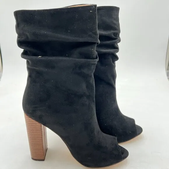 FSJ Black Stylish Peep Toe Slouch Ankle Boots Chunky Stacked Heels Party Shoes