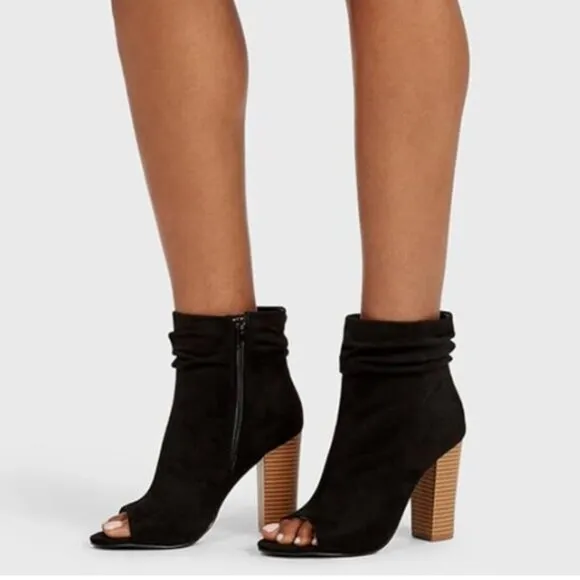 FSJ Black Stylish Peep Toe Slouch Ankle Boots Chunky Stacked Heels Party Shoes