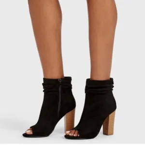 FSJ Black Stylish Peep Toe Slouch Ankle Boots Chunky Stacked Heels Party Shoes