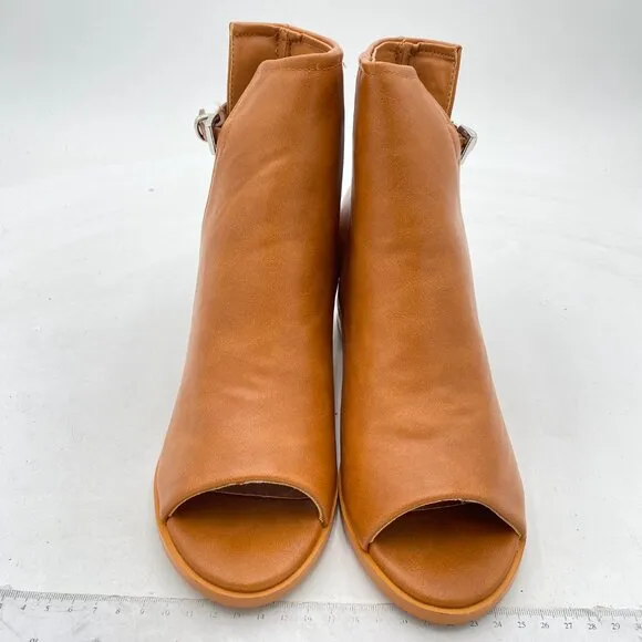 FSJ Brown Peep Open Toe Cut Out Buckle Comfortable Block Low Heel Ankle Bootie