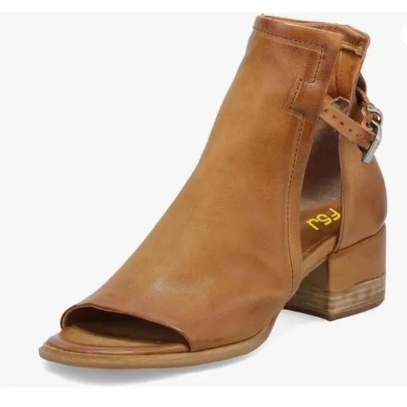 FSJ Brown Peep Open Toe Cut Out Buckle Comfortable Block Low Heel Ankle Bootie