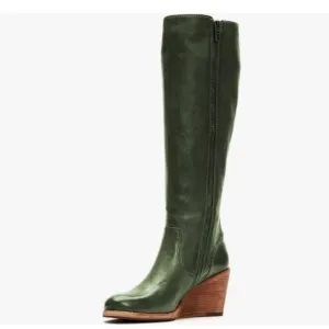 FSJ Olive Green Comfortable Side Zipper Wedge High Heel Point Toe Fancy Boot