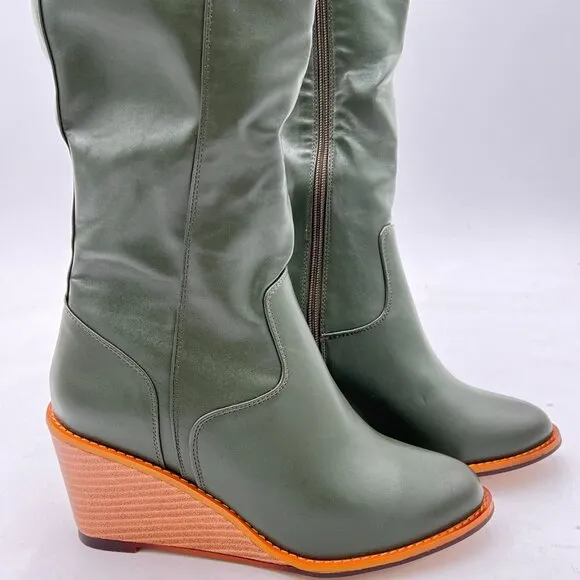 FSJ Olive Green Comfortable Side Zipper Wedge High Heel Point Toe Fancy Boot