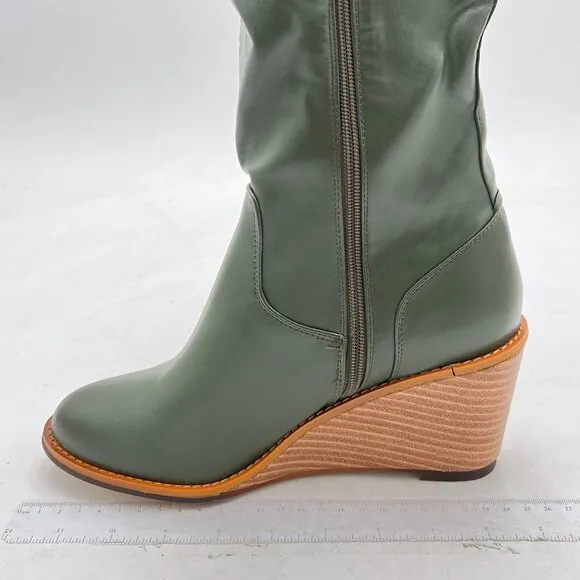 FSJ Olive Green Comfortable Side Zipper Wedge High Heel Point Toe Fancy Boot