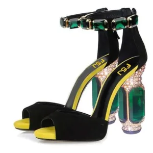 FSJ Women Open Toe Stylish Sandal Ankle Strap Chunky Block High Thick Heels