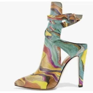 FSJ Women Pointed Toe Chunky High Heel Strappy Dress Bootie Ankle Wrap Slingback