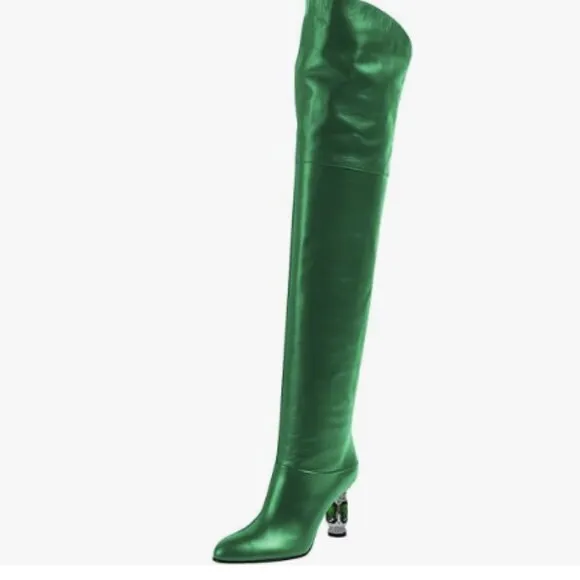 FSJ Women Stylish Over The Knee Boots Crystal Chunky Heel Thigh High Boot Green