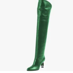 FSJ Women Stylish Over The Knee Boots Crystal Chunky Heel Thigh High Boot Green