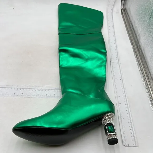 FSJ Women Stylish Over The Knee Boots Crystal Chunky Heel Thigh High Boot Green