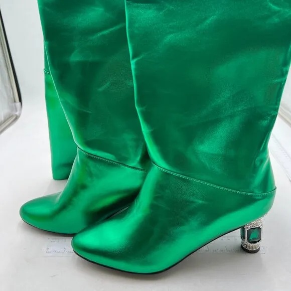 FSJ Women Stylish Over The Knee Boots Crystal Chunky Heel Thigh High Boot Green
