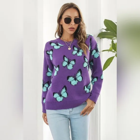 Fuzzy Shag Monarch Butterfly Raised Bold Color Knit Top Pullover Sweater Shirt