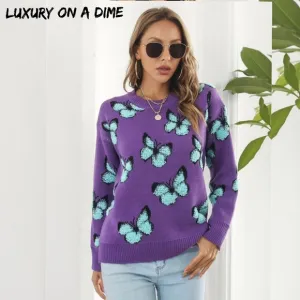 Fuzzy Shag Monarch Butterfly Raised Bold Color Knit Top Pullover Sweater Shirt
