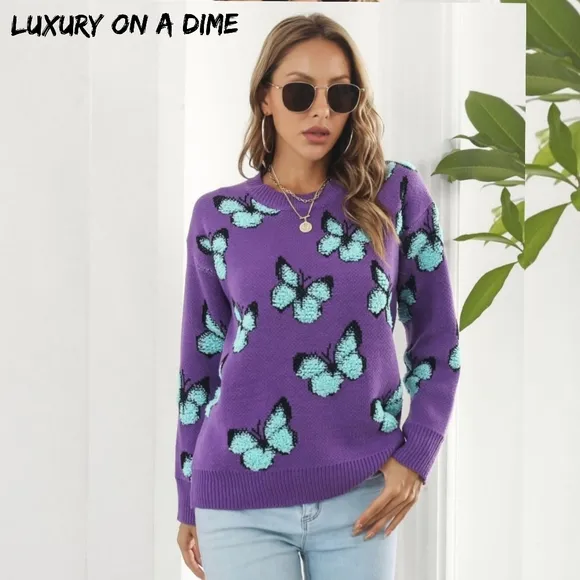 Fuzzy Shag Monarch Butterfly Raised Bold Color Knit Top Pullover Sweater Shirt