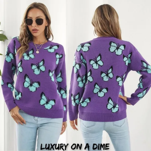 Fuzzy Shag Monarch Butterfly Raised Bold Color Knit Top Pullover Sweater Shirt