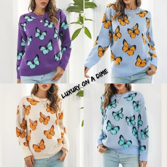 Fuzzy Shag Monarch Butterfly Raised Bold Color Knit Top Pullover Sweater Shirt