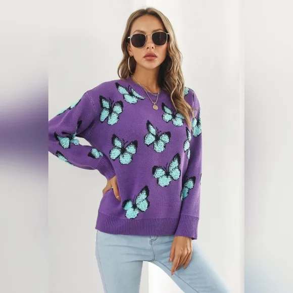 Fuzzy Shag Monarch Butterfly Raised Bold Color Knit Top Pullover Sweater Shirt