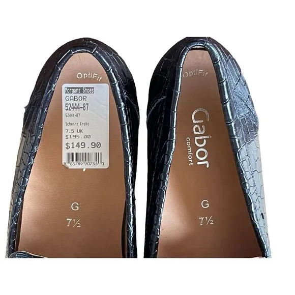 GABOR Comfort Black Crocodile Patent Leather Loafer Shoes Size 7.5 OptiFit