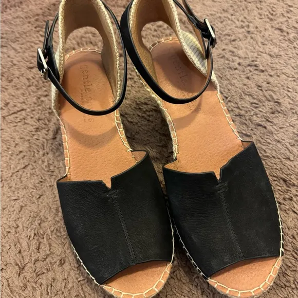 Gentle Souls Charli X Band Wedge Leather Sandals Shoes Black Espadrille 9.5 $179