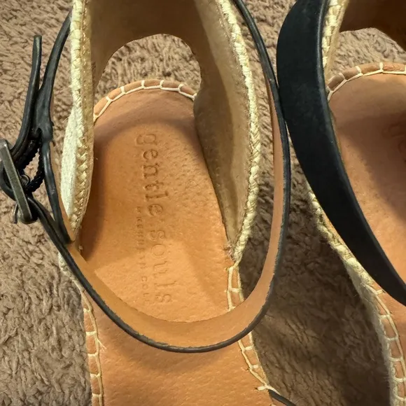Gentle Souls Charli X Band Wedge Leather Sandals Shoes Black Espadrille 9.5 $179