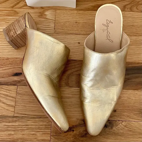 George Esquivel Custom Handmade Gold Leather Heeled Mules Size 6