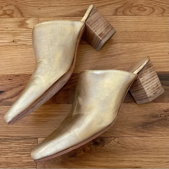 George Esquivel Custom Handmade Gold Leather Heeled Mules Size 6