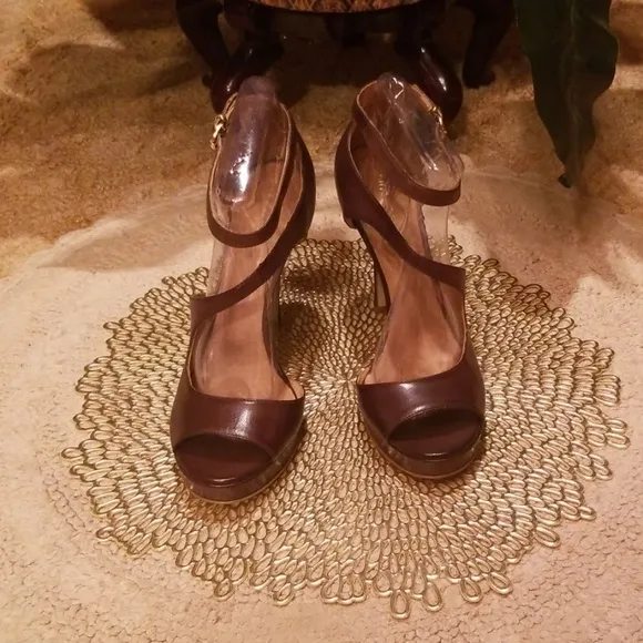 Gino Rossi Ankle Strap Open Toe Chocolate Brown Heeled Sandals