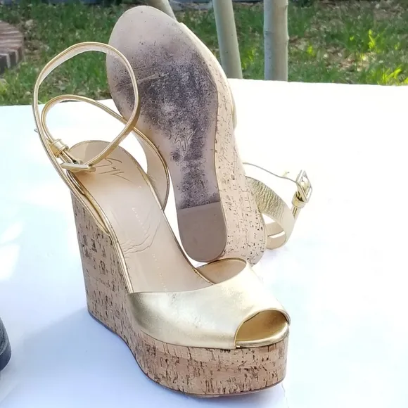 Giuseppe Zanotti Metallic Gold platform wedges heels strappy sandals