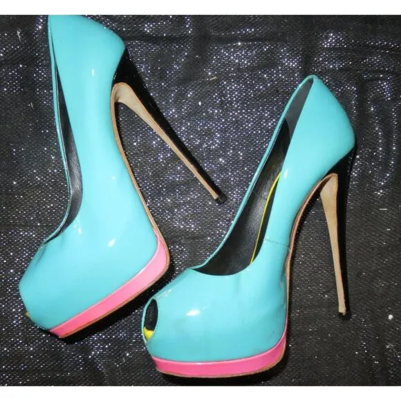 Giuseppe Zanotti Monro Italian Patent Leather Peep Toe Teal &amp; Pink Pumps 37.5