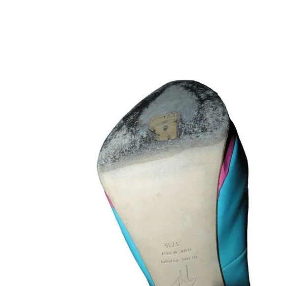 Giuseppe Zanotti Monro Italian Patent Leather Peep Toe Teal &amp; Pink Pumps 37.5