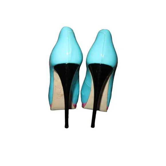 Giuseppe Zanotti Monro Italian Patent Leather Peep Toe Teal &amp; Pink Pumps 37.5