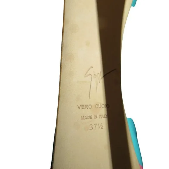 Giuseppe Zanotti Monro Italian Patent Leather Peep Toe Teal &amp; Pink Pumps 37.5