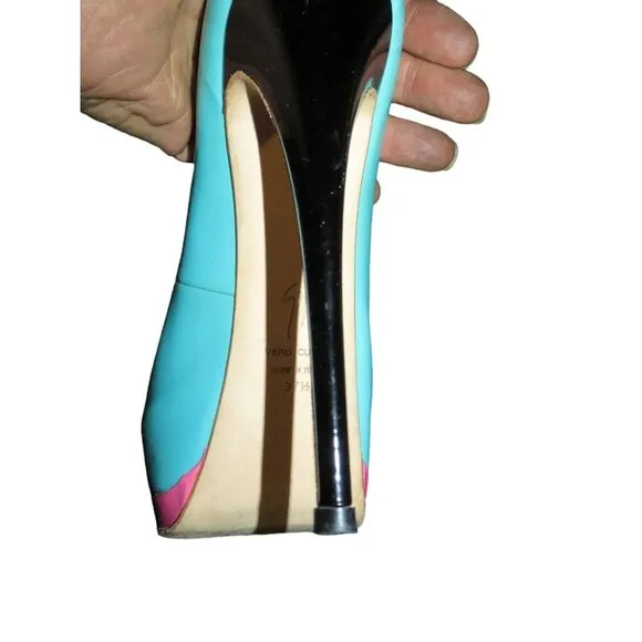 Giuseppe Zanotti Monro Italian Patent Leather Peep Toe Teal &amp; Pink Pumps 37.5