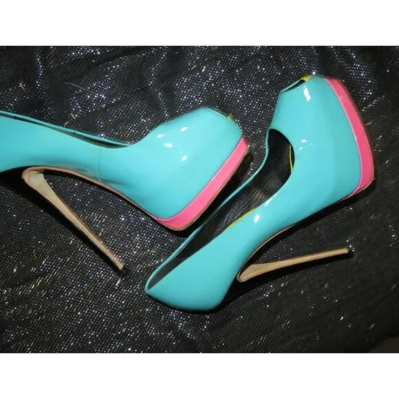 Giuseppe Zanotti Monro Italian Patent Leather Peep Toe Teal &amp; Pink Pumps 37.5