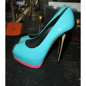 Giuseppe Zanotti Monro Italian Patent Leather Peep Toe Teal &amp; Pink Pumps 37.5