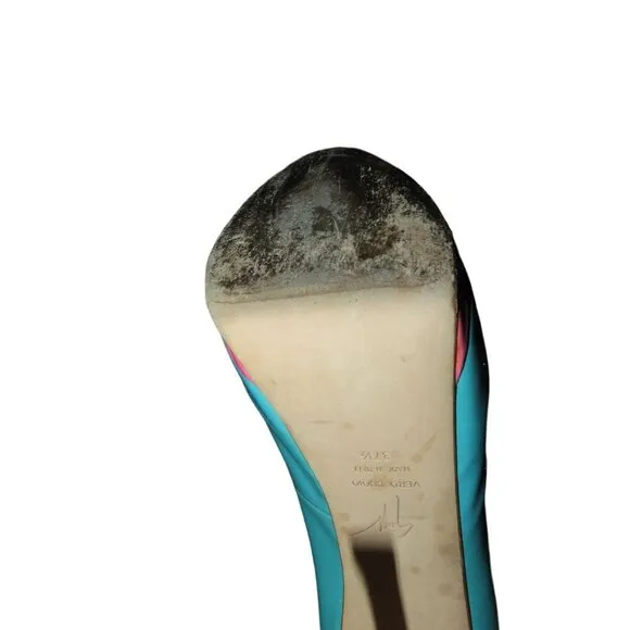Giuseppe Zanotti Monro Italian Patent Leather Peep Toe Teal &amp; Pink Pumps 37.5