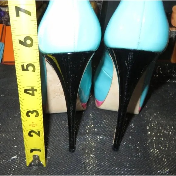 Giuseppe Zanotti Monro Italian Patent Leather Peep Toe Teal &amp; Pink Pumps 37.5