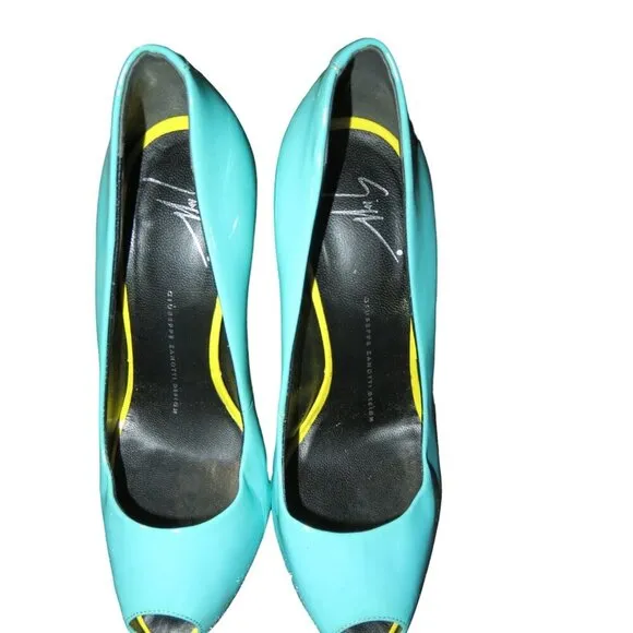 Giuseppe Zanotti Monro Italian Patent Leather Peep Toe Teal &amp; Pink Pumps 37.5