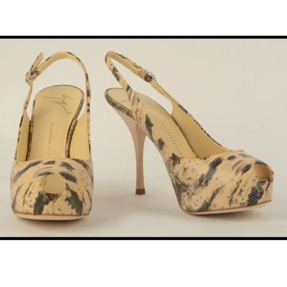 GIUSEPPE ZANOTTI SHOES SLINGBACK SANDALS SNAKESKIN PRINT LEATHER PLATFORM 6.5