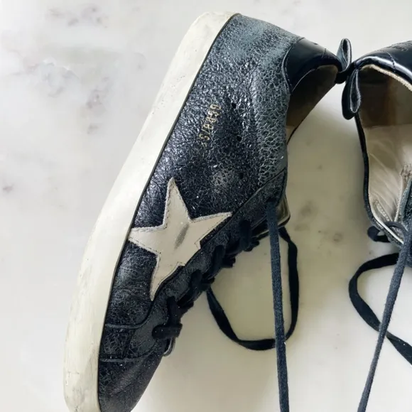 GOLDEN GOOSE Super-Star Black with White Star, Low Top Sneakers, Size 38