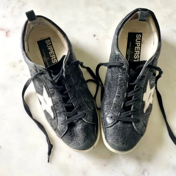 GOLDEN GOOSE Super-Star Black with White Star, Low Top Sneakers, Size 38