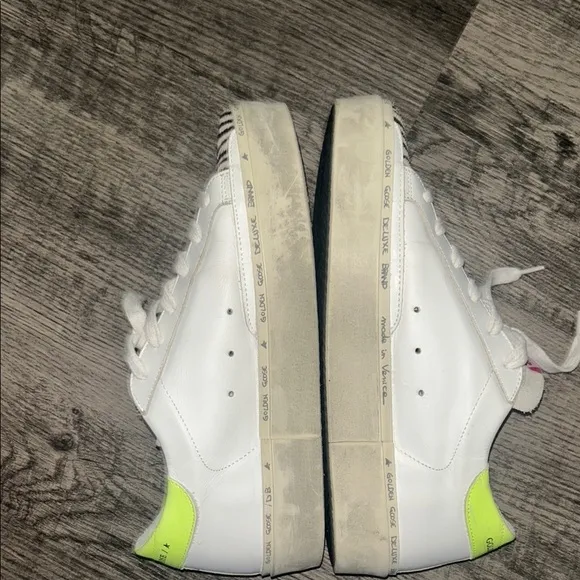 Golden Goose White and Green Sneakers with Distress Appeal Luxury Sneakers Sz 37