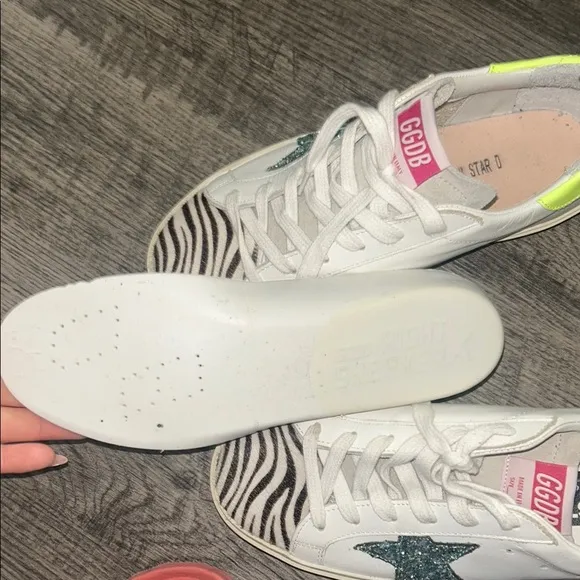 Golden Goose White and Green Sneakers with Distress Appeal Luxury Sneakers Sz 37
