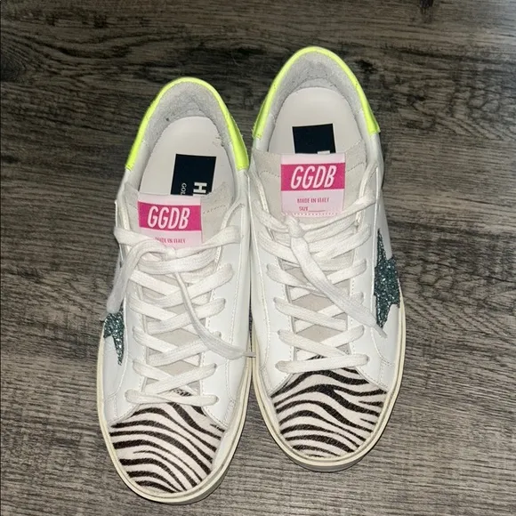 Golden Goose White and Green Sneakers with Distress Appeal Luxury Sneakers Sz 37