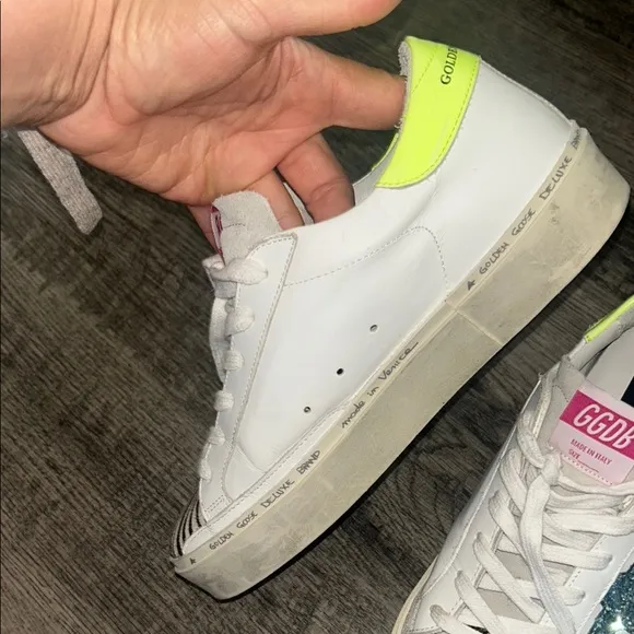 Golden Goose White and Green Sneakers with Distress Appeal Luxury Sneakers Sz 37
